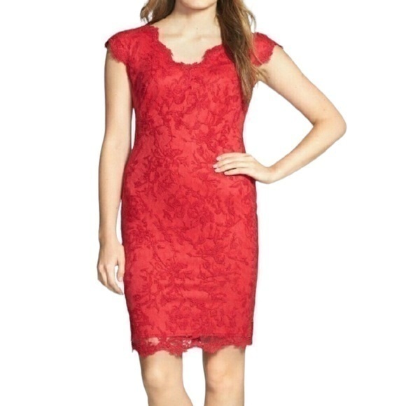Tadashi Shoji Red Embroidered Lace Knee Length Sheath Dress -  threedaughtersproperties.com